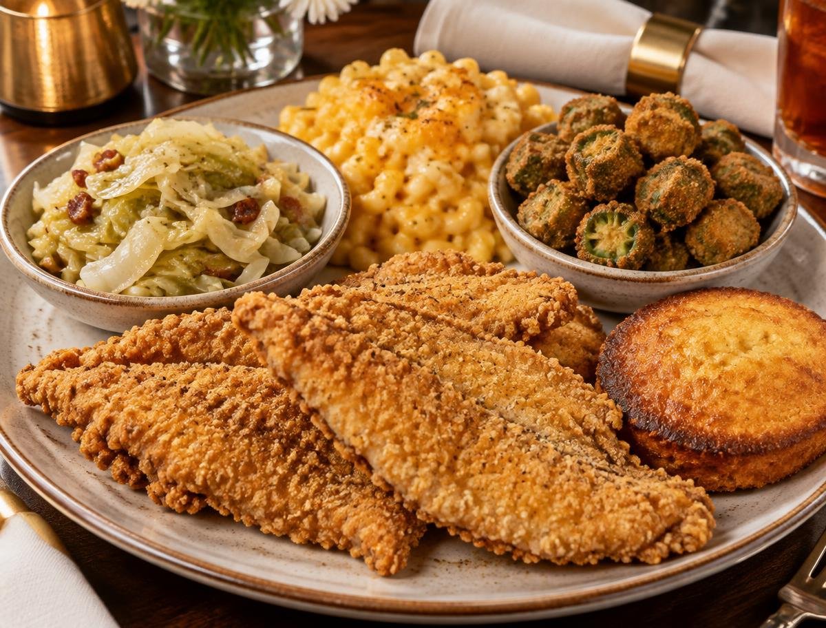 Fried catfish dinner with cabbage, macaroni, okra, and cornbread