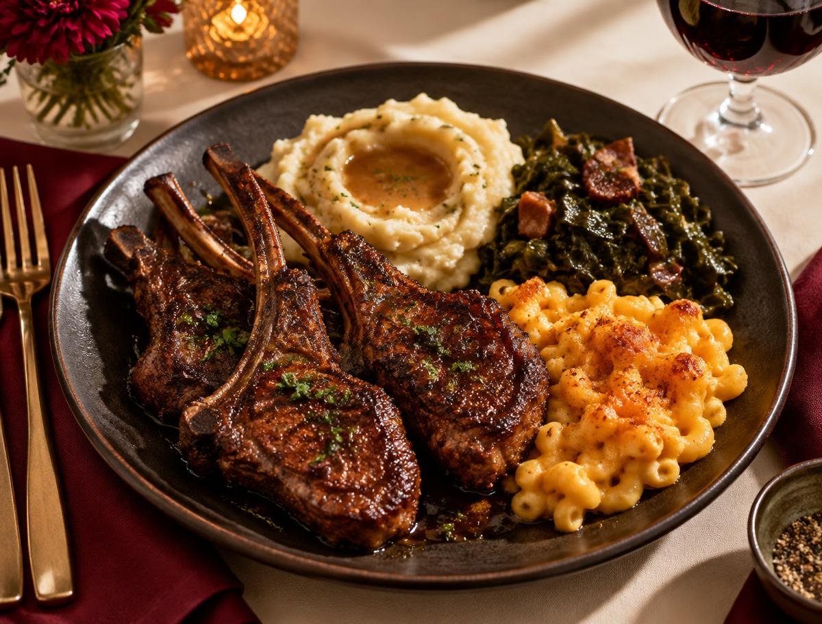 Lamb chop dinner with mashed potatoes, greens, and macaroni