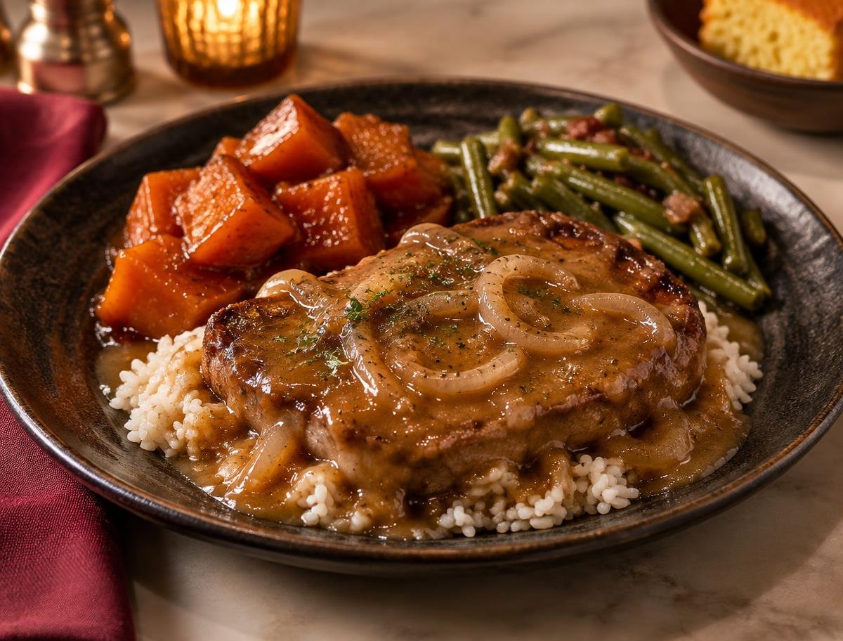 Smothered pork chop dinner with rice, candied yams, and green beans